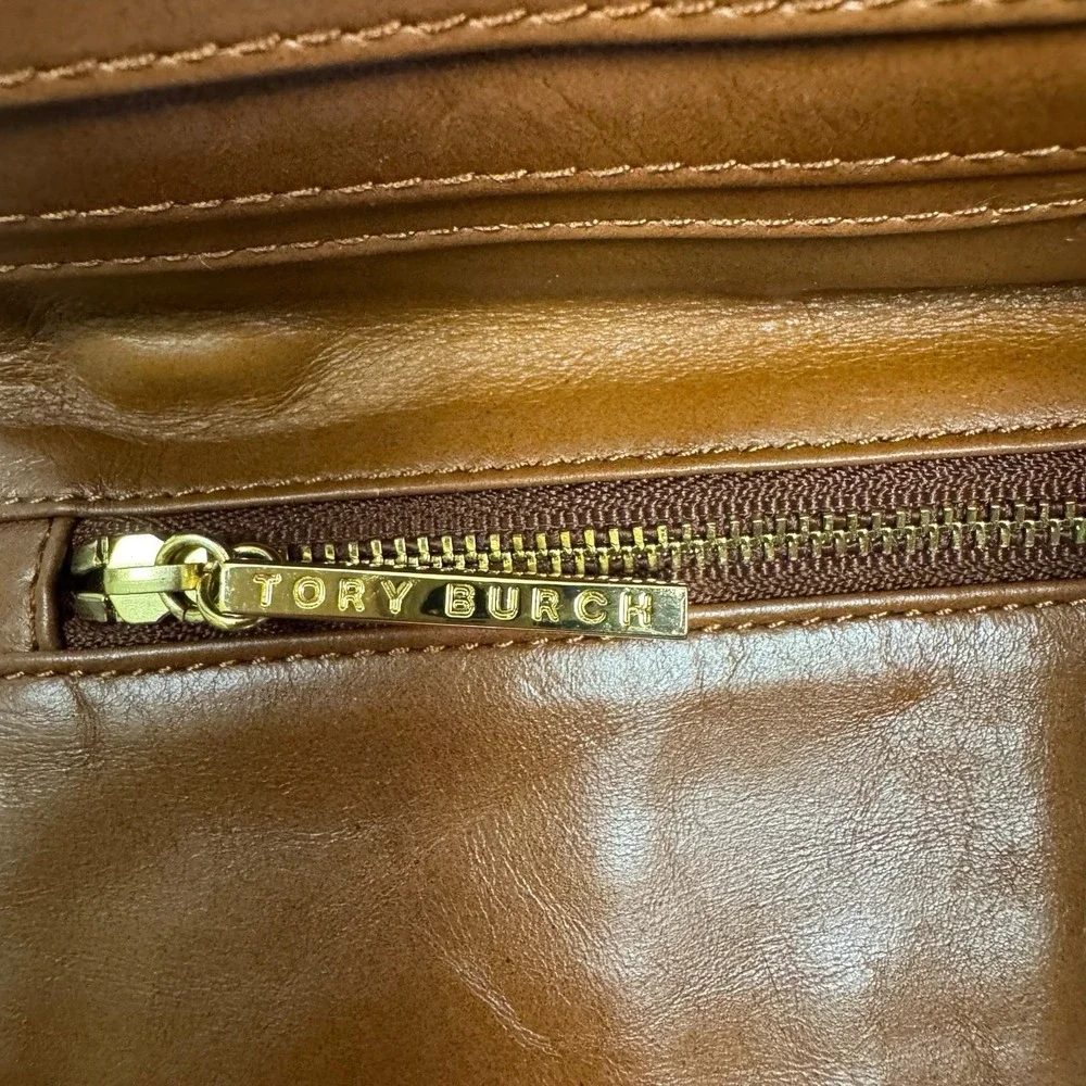 Tory‎ Burch Embossed Chain Wallet Crossbody Bag Brown Leather Logo Purse